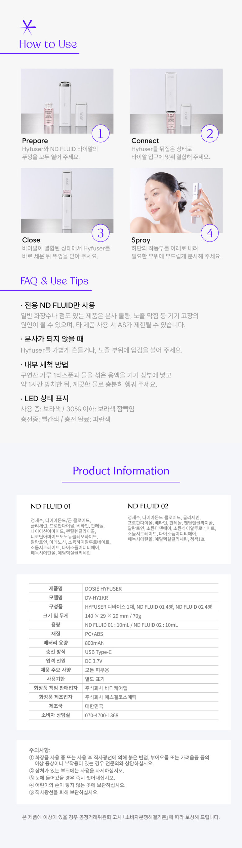 Hyfuser 사용 방법, 전용 ND FLUID 사용 안내, 내부 세척, LED 상태, 전성분, 기기 정보와 주의사항을 설명합니다.